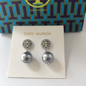 Tory Burch Jewelry - New Tory Burch crystal logo pearl earrings silver Tory Burch Jewelry - New Tory Burch crystal logo pearl earrings silver